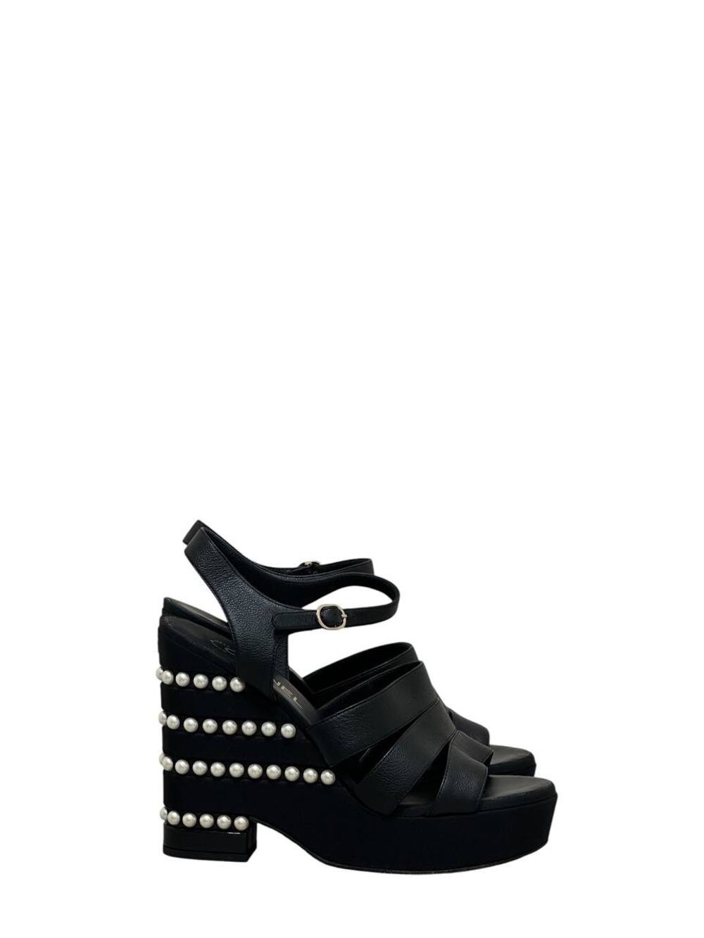 Chanel 2019 Black CC Logo Faux Pearl Platform Sandals Sz.38.5